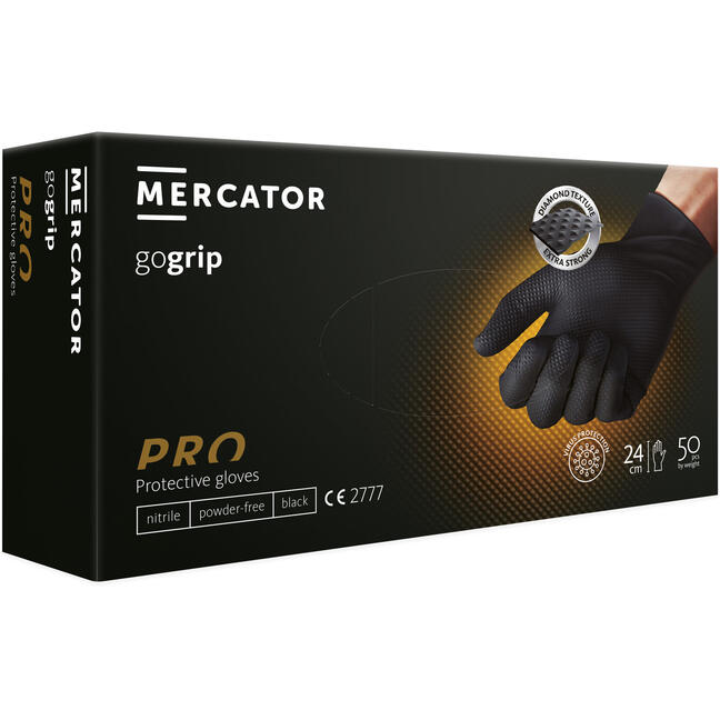 Непудрени нитрилни текстурирани ръкавици Mercator GoGRIP черни L - 50 бр.