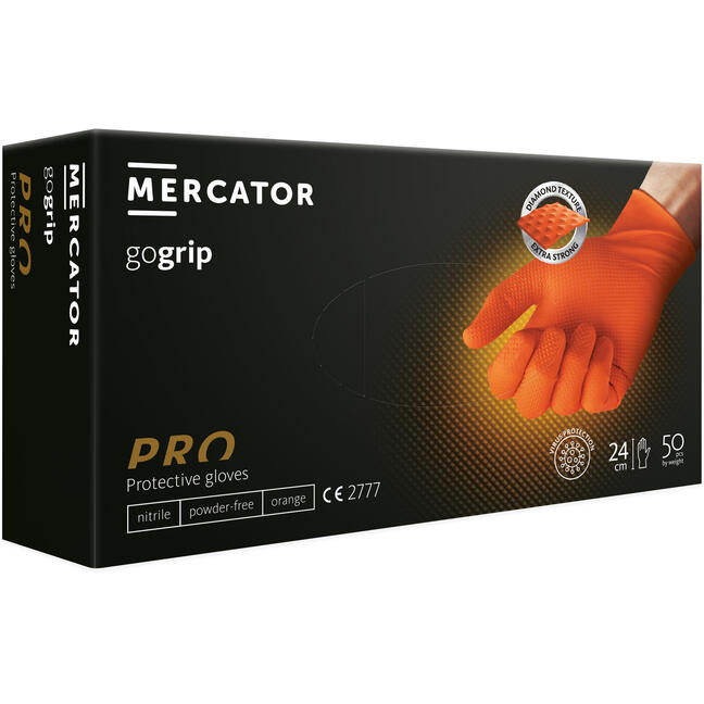 Непудрени нитрилни текстурирани ръкавици Mercator GoGRIP оранжеви L - 50 бр.