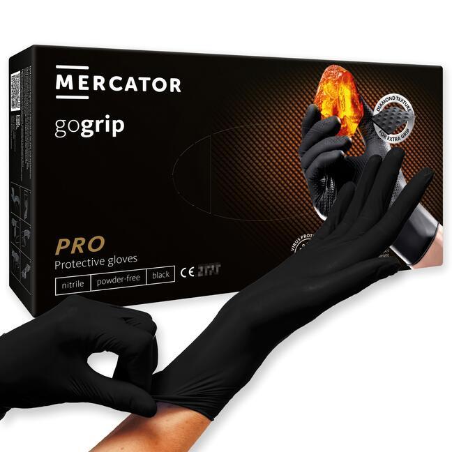 Bezpudrowe rękawice teksturowane nitrylowe Mercator GoGrip czarne XXL