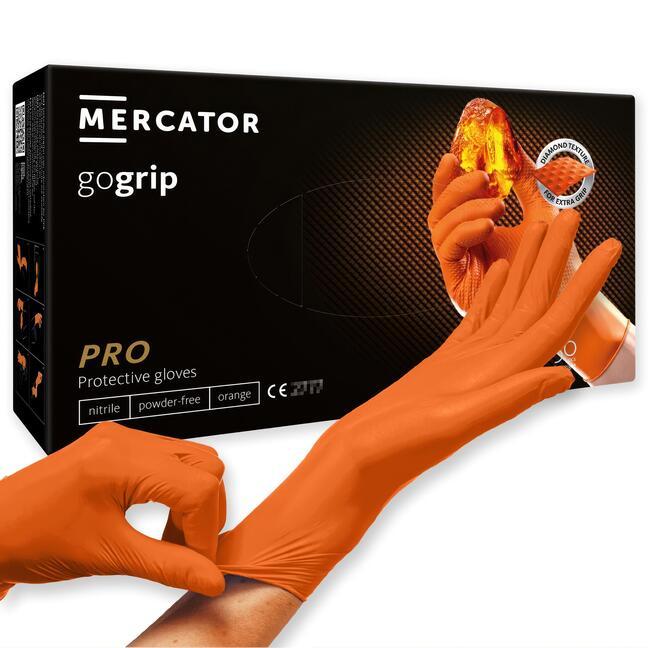 Bezpudrowe rękawice teksturowane nitrylowe Mercator GoGrip pomarańczowe L