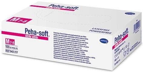 Peha-soft® nitrila cimdi balti - nesterili, bez lateksa, bez pulvera - 2,5 mm izmērs S - 100 gab.